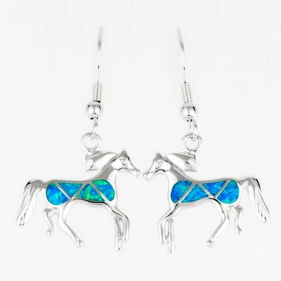 Horse Pony Ocean Blue Fire Opal Silver Jewelry Dangle Drop Earrings - Image 1 of 4
