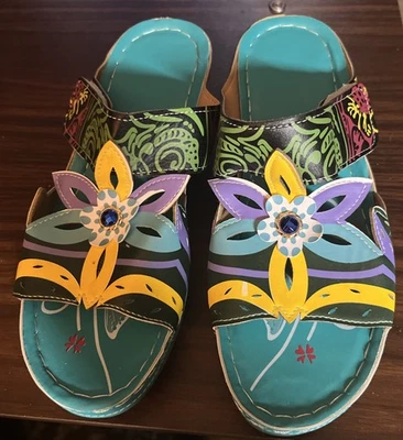 Mujeres Sandalias Bohemias Punta Abierta Tacones de Cuña Floral Verano Zapatilla Zapatos Talla 9.5 Foto 1 de 4