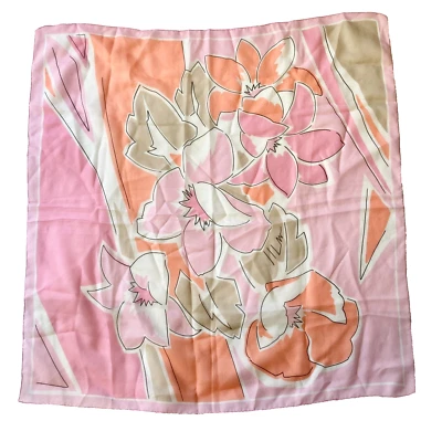 Винтажный цветочный цветок шарф надежном шаль ацетат розовый оранжевый цветы 30 X 31» 70-х - Изображение 1 из 4