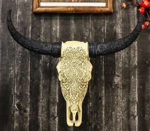Tribal Floral Vines Tooled Bison Bull Cow Skull With Horns Wall Decor Plaque - Picture 1 of 9