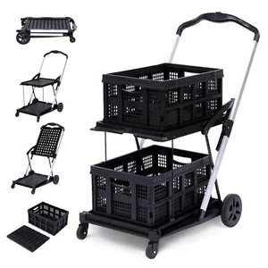 Folding Shopping Cart with Wheels Collapsible Cart with Storage Crate 2-Layer - Picture 1 of 6