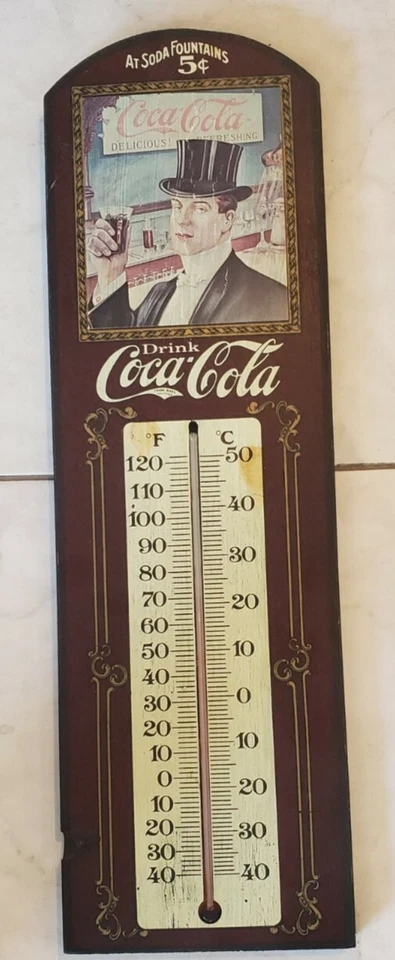 Vintage Style 23" Coca Cola Wooden Sign w/ Thermometer - Image 1 of 1