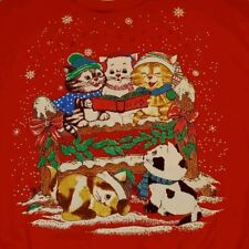 VTG Size LARGE Kitten Carolling Christmas Red Sweater Cats Glitter Graphic EUC