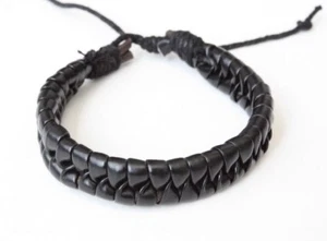 NEW Leather Braided Hemp Surfer Bracelet Wristband Cuff Slip Knot Jewelry Black - Picture 1 of 2