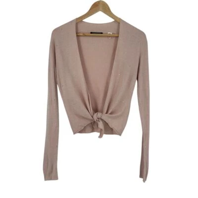 Suéter Kenneth Cole Cachemira Seda M Rosa Estrás Brillante Corbata Frontal Y2K Foto 1 de 4