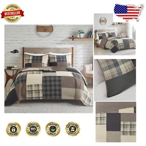 Reversible Winter Hills Quilt Set - Tan Plaid, Oversized King/Cal King, 3-Piece - Picture 1 of 16