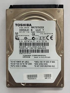 MK7575GSX, Hdd code: HDD2L01 B UL01 T, FW:A0/GT001M, Toshiba 750Gb 2.5" SATA HDD - Picture 1 of 2