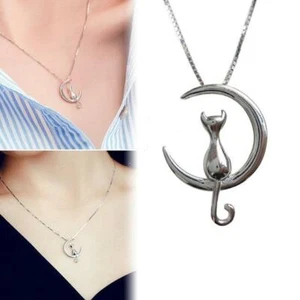 Cat Half Moon Pendant Necklace Cute Cat Charm Alloy Chain Necklace Women Girls - Picture 1 of 4