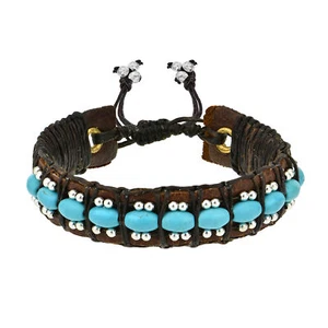 Pulsera bohemia vintage de cuero con rollos turquesa - Imagen 1 de 6