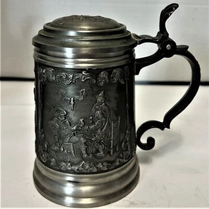 DETAILLIERTER MEHRFIGURIGER DEUTSCHER ZINN 6 ZOLL WEINBECHER KRUG - Bild 1 von 6