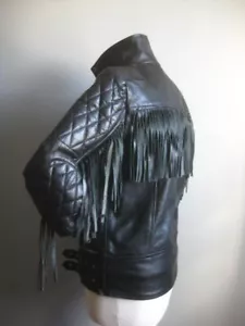 CHAQUETA VINTAGE DE CUERO CON FLECOS 8 10 Hells Angel Rock Chick vaquero motociclista cuero de vaca - Imagen 1 de 21