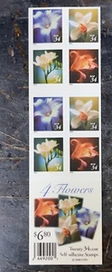 Scott #3490e, 34c Flowers, booklet pane of 20 stamps, Self-adhesive - Picture 1 of 2