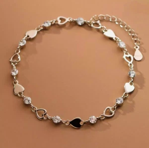 925 Sterling Silver Crystal Hollow Heart Linked Charm Bracelet Women Jewellery - Picture 1 of 2