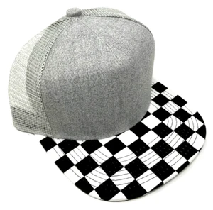 2 TONE GREY DENIM BLACK AND WHITE CHECKER PRINT MESH TRUCKER SNAPBACK HAT CAP - Picture 1 of 4