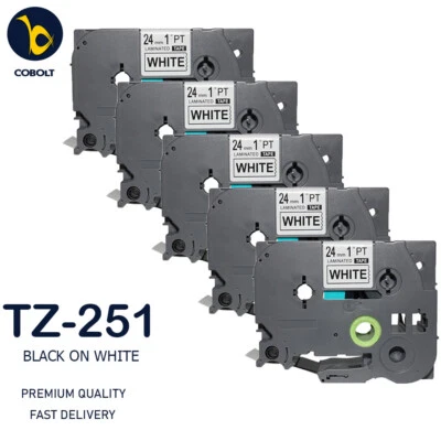 5 Label Tape Compatible With Brother Black on White TZ251 PT-9600 9700PC 9800PCN - Image 1 of 4