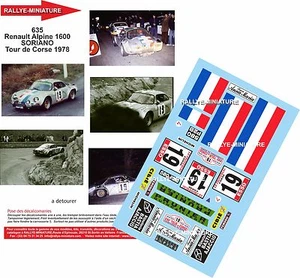 DECALS 1/16 REF 0635 ALPINE RENAULT A110 SORIANO TOUR DE CORSE 1978 RALLYE RALLY - Picture 1 of 1