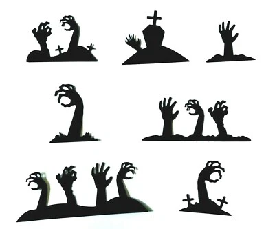 7 MANOS ZOMBIES ESPELUZNANTES/MANOS SALIENDO DEL SUELO/SILUETA TUMBA TROQUELADA/CORTES Foto 1 de 4