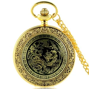 Antico orologio da tasca al quarzo modello drago collana ciondolo catena retrò vintage - Foto 1 di 6