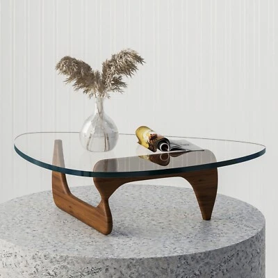 Noguchi Walnut Coffee Table Solid Wood Base 19mm Authentic Triangle Glass Top - Image 1 of 4