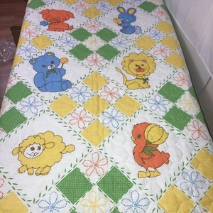 Vintage Baby Blanket THAT'S OUR BABY Quilted Crib orange green yellow Bear Bunny - Imagen 1 de 6