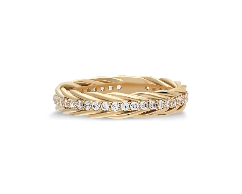 14k Solid Gold Lab-Created Diamond Braided Twisted Band Ring Stacking Ring Women - Image 1 of 4