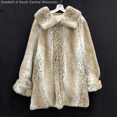 Chaqueta de felpa funky de piel de lince sintética tostada crema dennis basso vintage de mujer años 90 talla 2X Foto 1 de 4