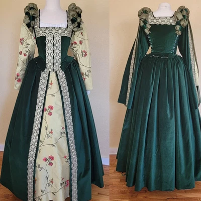 Vestido de baile vintage verde feminino histórico corte real Tudor rainha medieval - Imagem 1 de 4