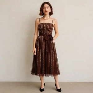 Vtg Y2K Forest Fairy Midi Dress Size 4 Petite Cocktail Event Artsy Brown Mesh - Picture 1 of 11