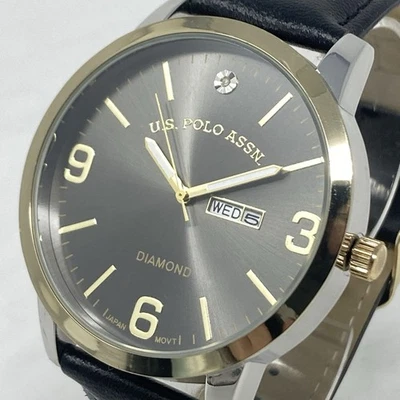 US Polo Assn. Reloj Diamante Hombre 45mm Oro Tono Plata Día Fecha Batería Nueva 9.5" Foto 1 de 4