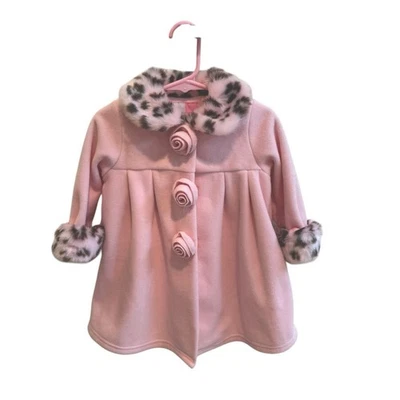 Sophie Rose Pink Faux Fur Cheetah Print Collared Cuffed Pea Coat Toddler 18 Mnth - Image 1 of 4