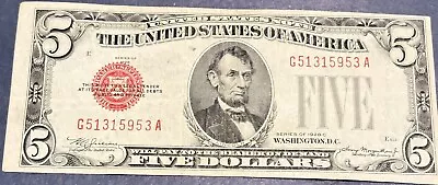 1928 C $5 USN-Legal Tender Note,Red Seal, Crisp AU+. Off Center Cut Error Note!! - Image 1 of 4
