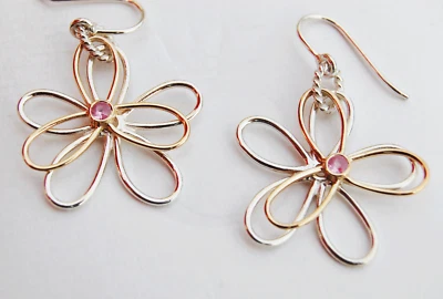 Genuine Pandora Silver and Gold Earrings with Pink Sapphire - 29989PSA - retired - Image 1 of 4