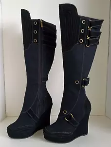 Botas altas COLIN STUART Wm talla 6,5 4,5" tacón cuña lona negra y gamuza - Imagen 1 de 17