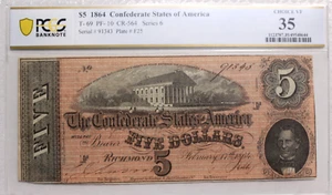 T-69 1864 PF-10 R2 $5 Confederate States of America PCGS 35 Very Fine CSA RED - Picture 1 of 4