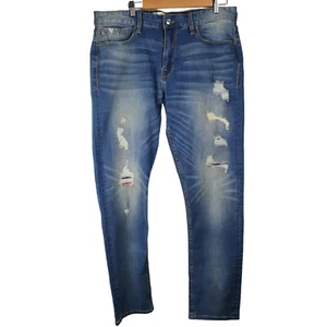 GUESS Mens Jeans Slim Tapered Medium Blue Denim Size 36 Zip Fly Distressed Vgood - Picture 1 of 23