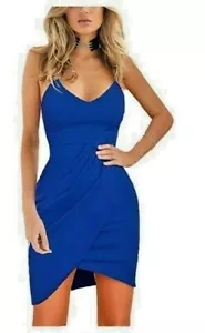Zalalus Spaghetti Strap Deep V Neck Sleeveless Bodycon Party Dress Blue Small - Picture 1 of 4
