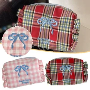 Plaid Bow Storage Bag Women's Storage Bag Sweet Ruffle Girls Cosmetic Bag Lot E3 - Picture 1 of 18