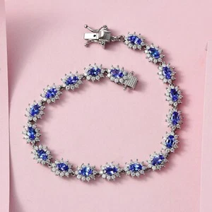 AAAA Tanzanite and Moissanite Halo Bracelet in Sterling Silver for Women - Picture 1 of 4