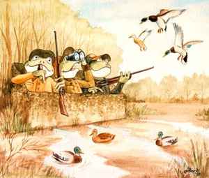 FROG Duck Hunting Blind por pollard 8x10 Firmado Arte Impresión Ánabes de dibujos animados - Imagen 1 de 3