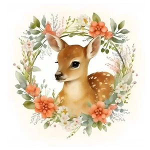 Colorful Woodland Floral Fawn Baby Deer #6 - 8x8 Craft Cotton Fabric Block - Picture 1 of 1