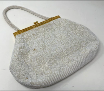 Vintage White Beaded Evening Bag Purse Gold Frame Floral Bridal Clutch - Image 1 of 4