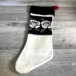 Vintage White & Black Felt Christmas Stocking With Rose Knitted Design & Red Han - Picture 1 of 5