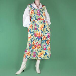 VINTAGE 90s 80s Crazy Floral Pleat Midi Hawaiian Retro Pattern Dress M 14 16