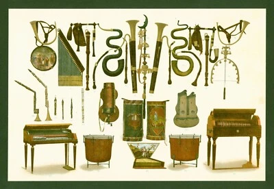 Lithographie anno 1892 - historische Musikinstrumente - Horn Flöte Pauke Trommel - Bild 1 von 4