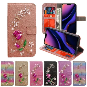 3D Rose Wallet Case Glitter Flip Cover for iPhone 16e/16/15/14/13/12/11 XR SE 8 - Picture 1 of 27