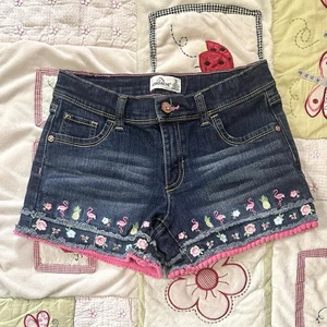 Y2K Jordache Tropical Flamingo Embroidered Denim Mini shorts - Girls Size 10 - Picture 1 of 5