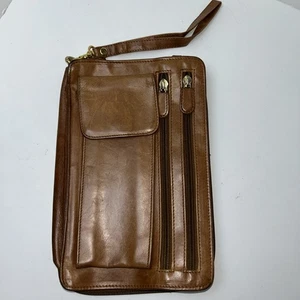 Vintage '90's Men’s Brown Leather Handbag By Exeter Ltd. Wristlet 9.25"x5.75" OD - Picture 1 of 18