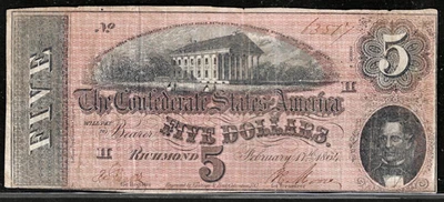 1864 CSA CONFEDERATE STATES AMERICA CURRENCY $5 DOLLAR Note T69 PF-5 Cr. 560 - Image 1 of 2