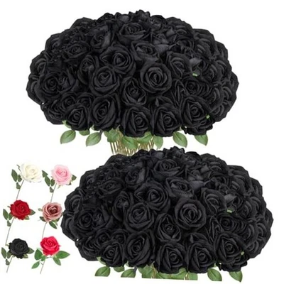  Artificial Roses Bulk Silk Rose with Stem, 52pcs Fake Flowers Decoration Black - Image 1 of 4