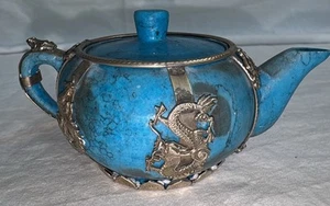 Antica teiera vintage asiatica blu howlite e argento sterling in miniatura 4,5 x 2,5" - Foto 1 di 23